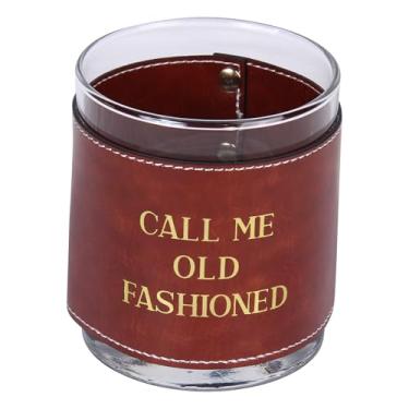 Imagem de Barrel Down South Derby Copos de pedra com manga de couro sintético - Copo duplo antigo de 325 ml - Copo de uísque Bourbon - Presentes para homens (Call Me Old Fashioned- Dourado)