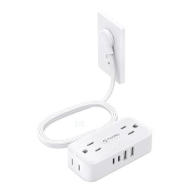 Imagem de Flat Plug Power Strip -Flat Plug Extension Cord, TROND Travel Power Strip with 4 USB Charger (1USB C), 4 AC Outlets, 5ft Thin Flat Cord, Cruise Ship Essentials, Compact for Travel, Dorm, Home, White