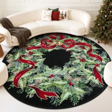 Imagem de U'Artlines Tapete redondo lavável de Natal de 1,8 m com folhas de sino, tapete de lavanderia, antiderrapante, tapete macio para entrada, sala de estar, quarto, preto