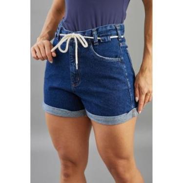 Imagem de Shorts Jeans Curto Feminino Barra Dobrada e Cordão Branco Dialogo-Feminino