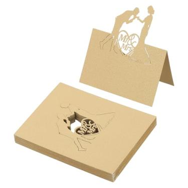 Imagem de PATIKIL 50 peças de cartões de casamento, cartões de nome, papel com glitter, cartão de casamento, etiquetas de assento dobradas para mesa buffet de comida, recepção, jantar, festa, ouro bege
