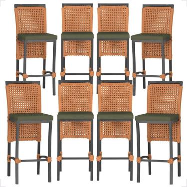 Imagem de 8 Banquetas Em Alumínio Roma Preta Corda Náutica Tecido 13 Terra Cota