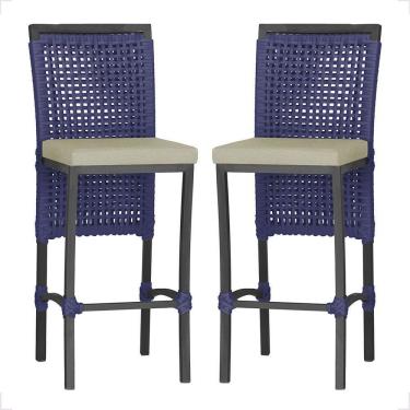 Imagem de 2 Banqueta Em Alumínio Roma Preta Corda Náutica Tecido 7 Azul