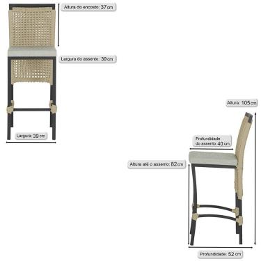 Imagem de 2 Banqueta Em Alumínio Roma Preta Corda Náutica Tecido 3 Rami