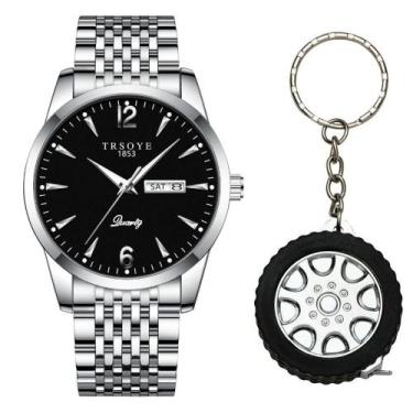 Imagem de Relógio Masculino De Luxo Prata Analógico Social + Chaveiro - PENDULAR