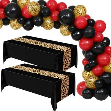 Imagem de Oudain 2 peças de decoração de festa de guepardo 137 x 272 cm capa de mesa de plástico preta com estampa de leopardo e 36 peças de balão vermelho preto para chá de bebê, casamento, festa de