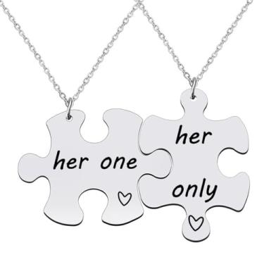 Imagem de RLHRNDE Conjunto de 2 peças de colar de casal, de aço inoxidável, para mulheres, homens, quebra-cabeça, combinando, pingente, amor, amizade, dia dos namorados, presente, Medium, Metal, Sem Pedra