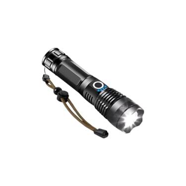 Imagem de Lanterna LED Tática Profissional, Corpo em Alumínio Preto, Alta Potência, Recarregável, com Alça de Transporte