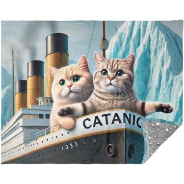 Imagem de TSENQUE Manta personalizada de gatos fofos Titanic Kitten Boho 177,8 cm x 139,7 cm Mantas mais macias para sofá cobertores de flanela e mantas