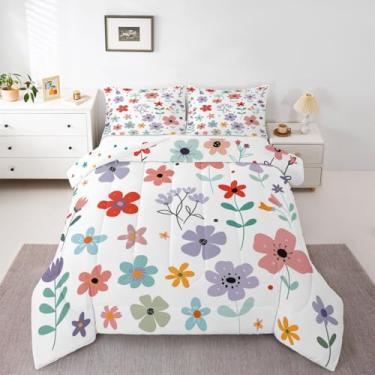 Imagem de jejeloiu Conjunto de cama floral macio para meninos e meninas, tamanho casal, fazenda, jardim, edredom de microfibra, fofo, decoração de quarto, vermelho, azul, 3 peças com 2 fronhas