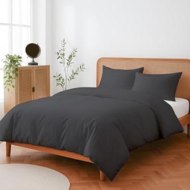 Imagem de SlumberWell Conjunto de capa de edredom Queen, roupa de cama 100% algodão de 3 peças com fecho de zíper, capa de edredom macia e respirável, 224 x 232 cm, com 2 fronhas, cinza escuro liso
