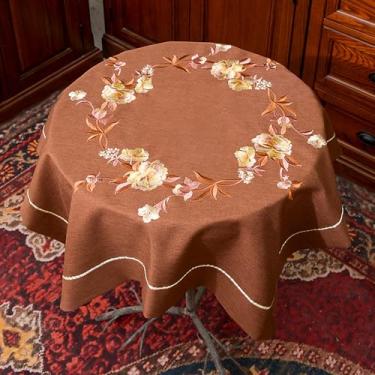 Imagem de Toalha de mesa quadrada pequena de pano 89 cm bordada à mão floral toalha de mesa vintage clássica de linho de algodão resistente ao desgaste capa de mesa final de tecido lavável para decoração de