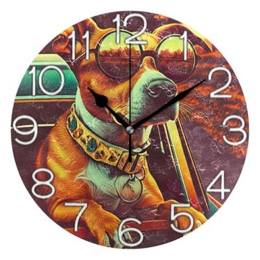 Imagem de GAIGEO Relógio de parede analógico decorativo relógio de cozinha bonito operado por bateria, decoração de parede moderna para sala de estar cachorro cachorro animal marrom, 25 cm, ponteiros pretos