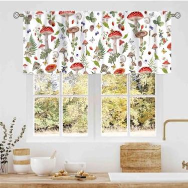 Imagem de TKUYO Cortinas de saia de cogumelo, casa de fazenda rústica verde sálvia botânica vintage flores silvestres plantas florestais ervas pequena saia de janela para cozinha, café, sala de estar, quarto