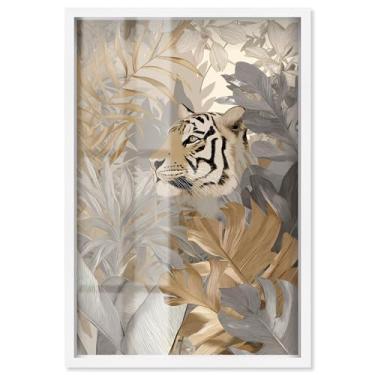 Imagem de Umber Tiger I Shadowbox Print Boho Gold Wall Art por Art Remedy, moldura branca, 28 x 40 cm