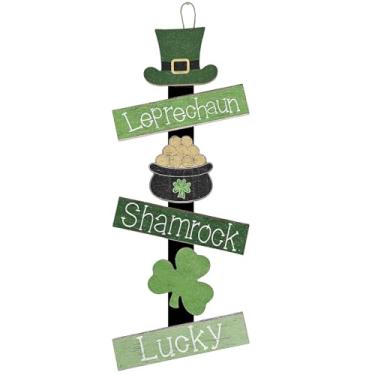 Imagem de Placa vintage de madeira do dia de São Patrício de 58 cm para pendurar na porta da frente rústica vintage duende arte de parede de casa de fazenda ornamento verde para lareira trevo sorte casa cozinha