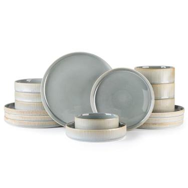 Imagem de TheTerra Conjuntos de louça de cerâmica com tigelas de macarrão para 4, 16 peças de pratos e tigelas leves de porcelana, conjunto de pratos resistentes a arranhões, seguro para forno, micro-ondas e