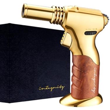 Imagem de Pistola de tocha de butano de chama dupla – Mini maçarico portátil recarregável para cozinhar, crème brûlée, soldagem, arte em resina – trava ajustável de chama e ignição – marrom dourado limitado por