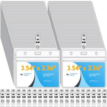 Imagem de Zonon 200 conjuntos de crachás transparentes com clipe para identificação de PVC à prova d'água, suporte de identificação transparente com fecho de zíper e crachá de metal para professores