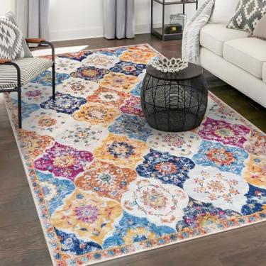 Imagem de KILOCOCO Tapete marroquino lavável para sala de estar, 12 x 18 cm, tapete floral vintage, antiderrapante, grande tapete de cozinha para cozinha, entrada, banheiro, quarto, escritório, colorido,