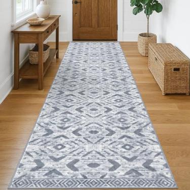 Imagem de KILOCOCO Tapete de corredor de corredor 8 x 25 cm lavável tapete marroquino antiderrapante tapete de entrada tapete longo para quarto, cozinha, sala de estar, banheiro, geométrico, boho, cinza, cinza