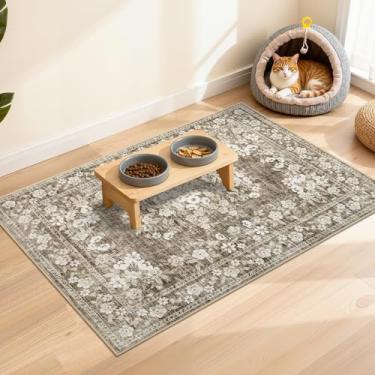 Imagem de GarveeHome Tapetes florais 2x3 para banheiro, vintage, tapetes pequenos, laváveis na máquina, antiderrapante, tapetes botânicos de pelo baixo, boho, tapetes de cozinha, tapetes com detalhes de flores