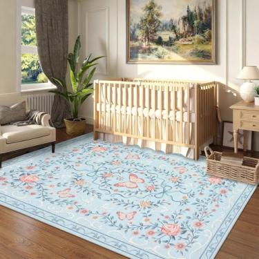 Imagem de GarveeHome Tapete de área pequena 7,5 x 12,7 cm para quarto, floral, lavável, antiderrapante, resistente a manchas, sala de estar, tapete baixo, para sala de jantar, tapete de borboleta para decoração