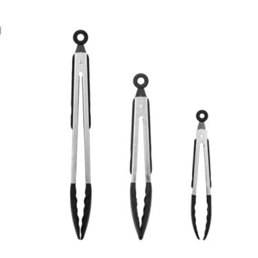 Imagem de Conjunto de pinças de cozinha de aço inoxidável com pontas de silicone, pinças de alimentos com trava de 3 peças, antiaderentes sem BPA, prata