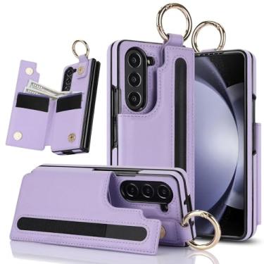 Imagem de Capa carteira para Samsung Galaxy Z Fold 7 com suporte para cartão, compartimento para caneta e suporte de anel, capa de telefone resistente com fecho magnético de couro flip (roxa)