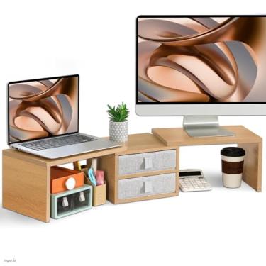 Imagem de Suporte para monitor duplo – Organizador de mesa para escritório com 2 monitores de comprimento e ângulo ajustável, 3 prateleiras, suporte multifuncional para computador, laptop, PC, TV