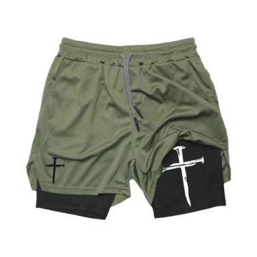Imagem de Shorts De Corrida Masculinos Com Estampa De Cruz Cristã 2 Em 1 Para Tr