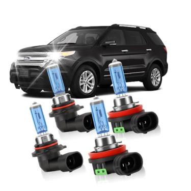 Imagem de KINGSOFE Lâmpadas de farol para Ford Explorer 2011-2015, faróis de halogêneo, 9005/HB3/H10 farol alto/baixo + farol de neblina H11, combinação de luz brilhante, Plug and Play, pacote com 4