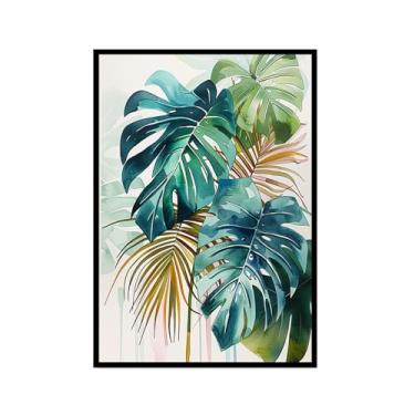 Imagem de Arte de parede de folhas tropicais – Impressão de folha de palmeira verde aquarela, pôster Monstera, decoração de plantas tropicais modernas para sala de estar em casa (SKU3,12 x 45,7 cm = (30 x 45 cm