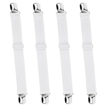 Imagem de Tiras de lençol de cama ajustáveis elásticos suportes de canto permanecem no lugar fixadores antiderrapantes clipes berço para king size branco 4 peças