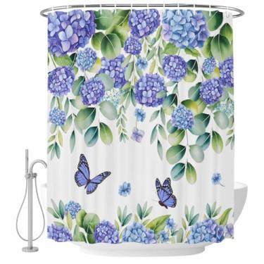 Imagem de Cortina de chuveiro de hortênsia roxa borboleta folhas de eucalipto conjunto de cortinas de chuveiro tecido impermeável cortina de banho para banheiro decoração de banheira acessórios de casa 182 x