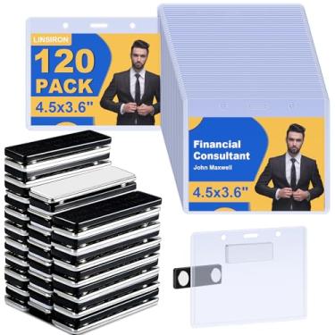 Imagem de LINSIRON Pacote com 120 suportes magnéticos para crachás, porta-crachás transparentes, à prova d'água, suporte adesivo, fixe crachás de identificação reutilizáveis com segurança, etiquetas de nome