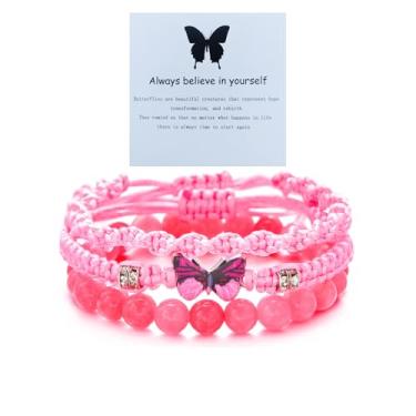 Imagem de Hremhoo Always Believe in Yourself Pulseira de borboleta ajustável de corda trançada para mulheres, 3 peças, conjunto de pulseiras de borboleta empilháveis boêmio, pulseira combinando amizade, Small