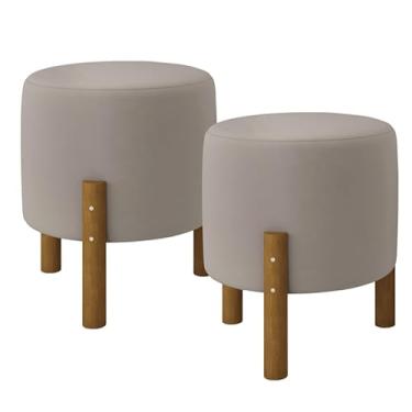 Imagem de Puff Banqueta Redondo Decorativo Pés Em Madeira(Bege Suede)