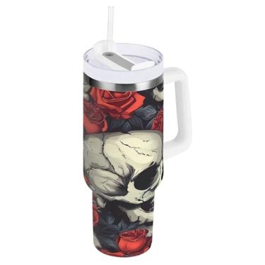 Imagem de SEHANY Copo de caveira e rosas de 1,18 l com alça, copo isolado de aço inoxidável a vácuo de parede dupla, à prova de vazamento, caneca de café isolada para viagem cabe no suporte de copo de carro