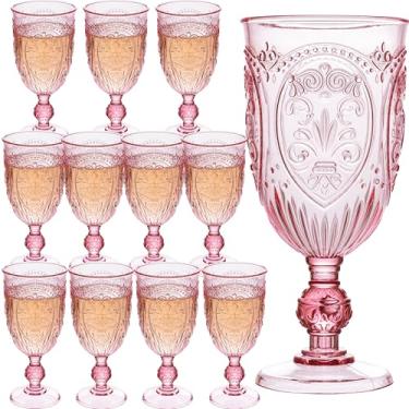 Imagem de Copos de vinho de plástico, 12 peças, taças de plástico de 212 g, copos de coquetel retrô coloridos em relevo, copos de água com haste vintage, taças de água para casamento, suprimentos de festa para