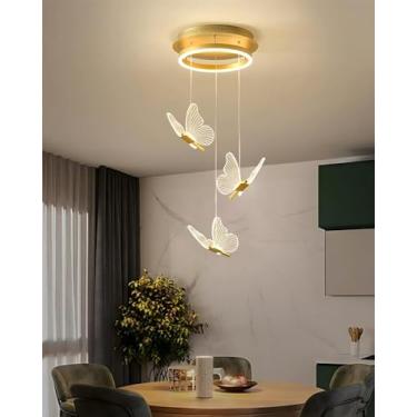 Imagem de Lustre LED em formato de borboleta, luminária pendente decorativa para escada, altura ajustável, para uso interno em residências, com luz dourada, dimerizável, ideal para sala de estar, rest