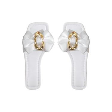 Imagem de OYOANGLE Sandálias femininas de couro com laço, decoração de metal, bico aberto, confortável, sem cadarço, elegantes sandálias planas, Branco, 38