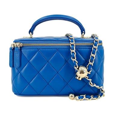 Imagem de M-ioi-M Pequena bolsa de couro genuíno acolchoada para mulheres, mini bolsa de ombro com alça superior com alça de corrente dourada, Azul royal (alça destacável), Mini, Bolsa com alça superior