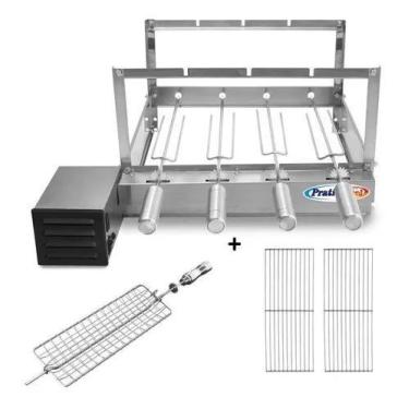 Imagem de Kit Churrasqueira Giratória 4 Espetos Elétrica Rotativa Inox 430 Bivol