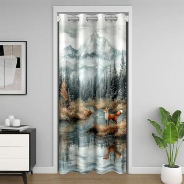 Imagem de Cortina de porta de árvore da selva enevoada para meninos e meninas Mountian Lake Cortina de porta paisagem 86 cm L x 203 cm C linda cortina de armário de raposa selvagem animal animal tapeçaria para