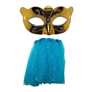 Imagem de Kit Fantasia de Carnaval Máscara Amarela Com Saia Tule Azul