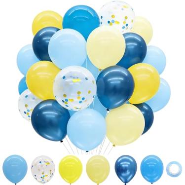 Imagem de 70 balões de látex amarelos e azuis de 30 cm, balões de confete coloridos para aniversários infantis, formatura, chás de bebê, decorações de festa