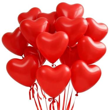 Imagem de Heyigrow 100 peças de balões de decoração de dia dos namorados, 30,5 cm, balões de folha de saped de coração a granel para aniversário de casamento com fitas e pontos de cola (vermelho)
