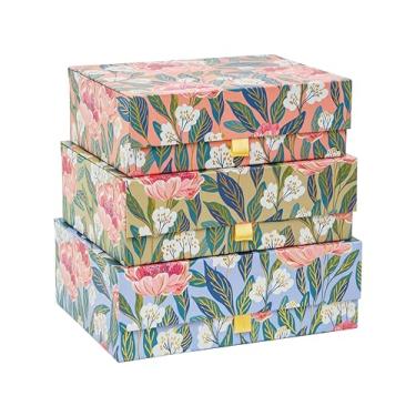 Imagem de MIZFRUZZY Caixas de armazenamento decorativas de 3 peças com tampas, folha dourada floral, rosa pêssego, peônias verdes claras e azuis pálidas, conjunto de caixa de lembrança de papelão, caixa de