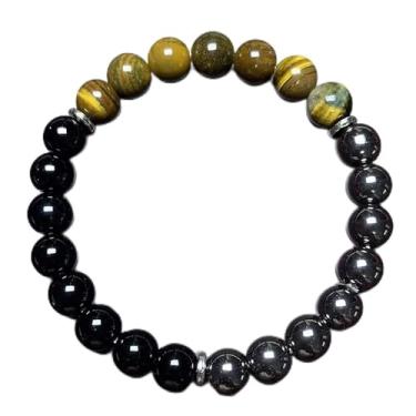 Imagem de Pulseiras masculinas com contas de proteção tripla para homens, pulseira elástica feita à mão com olho de tigre e hematita preta para presente, Medium, Cristal, Sem Pedra Preciosa